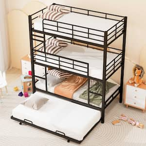 Detachable Style Black Twin Size Metal Triple Bunk Bed with 2-Ladders, Twin Trundle