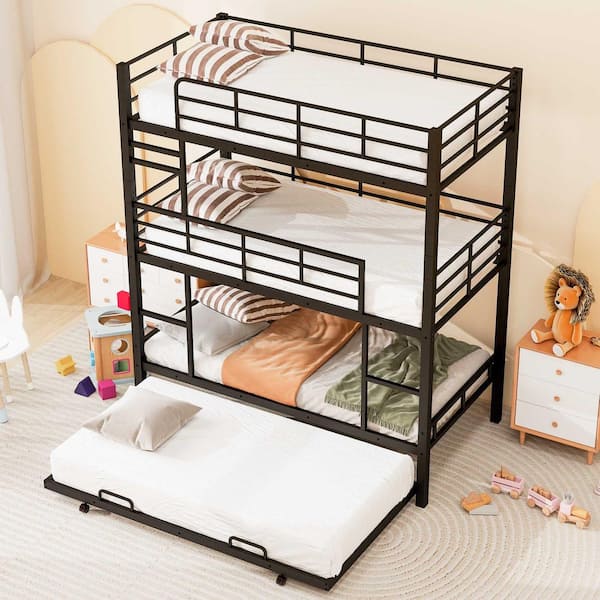 Harper & Bright Designs Detachable Style Black Twin Size Metal Triple Bunk Bed with 2-Ladders, Twin Trundle