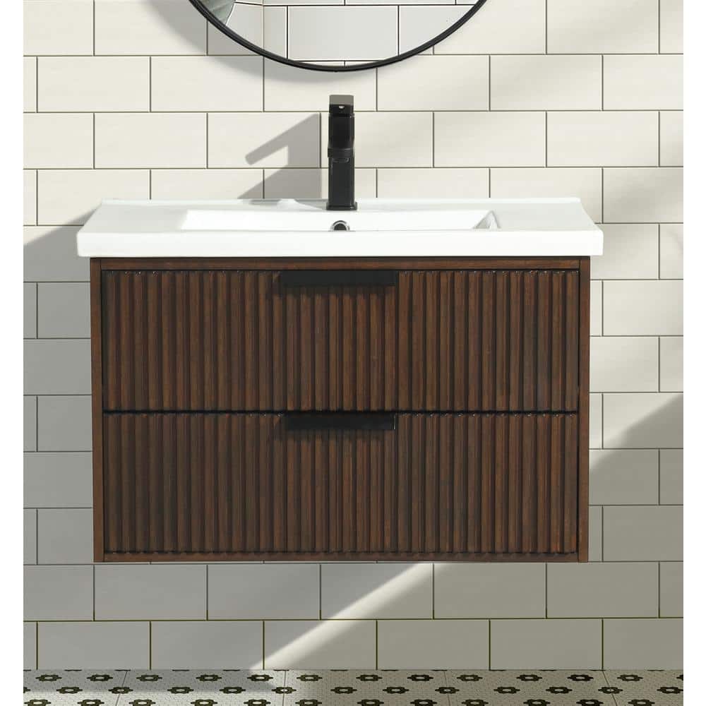 San Diego 30" Walnut Wood Bathroom Vanity with Ceramic Countertop
