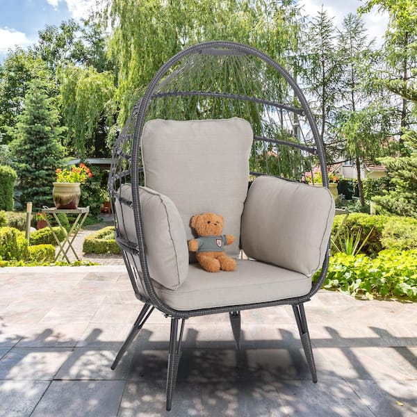 Runesay Egg Chair Wicker Lawn Chair Outdoor Oversized Large Lounger with Stand Cushion for Patio, Garden in Beige