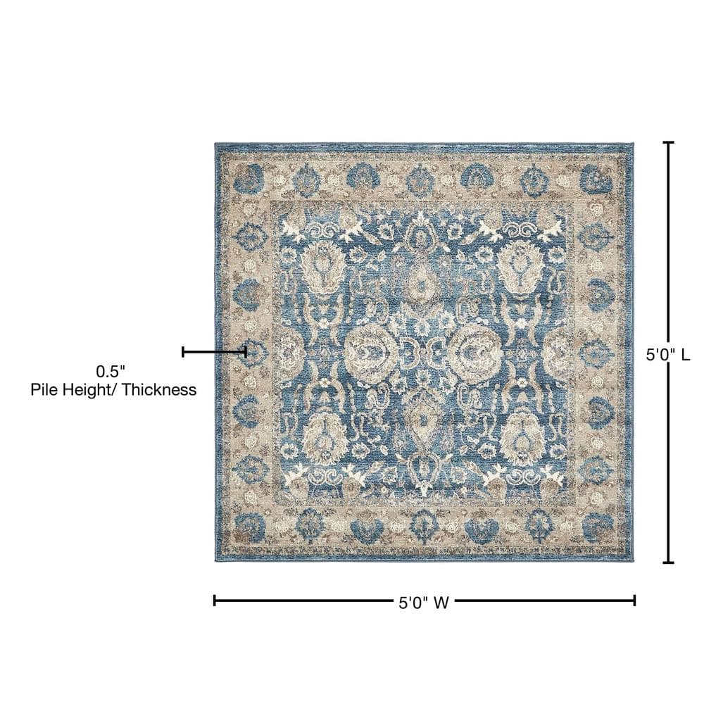 Light Blue Floral Synthetic Square Rug, 5' x 5'