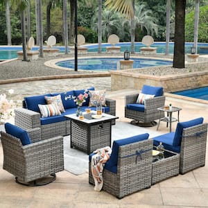 Moonstone 10-Piece Wicker Outdoor Patio Fire Pit Sectional Sofa Set with Navy Blue Cushions and Swivel Rocking Chairs