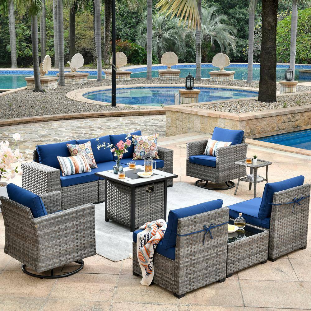 XIZZI Metis 10-Piece Wicker Outdoor Patio Fire Pit Sectional Sofa Set ...