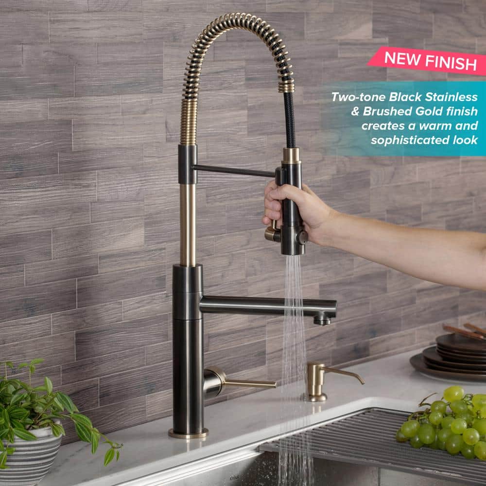 Black Stainless Steel and Brushed Gold Commercial Kitchen Faucet with Pull-Out Spray