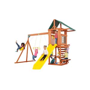 Cedar Cottage Complete Wood Playset with Rock Wall, Sandbox, Table, Slide and Multiple Swing Set Accessories