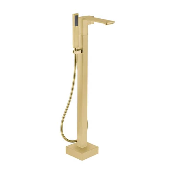 CASAINC 1-Handle Floor Mount Freestanding Tub Faucet with Square Handheld Shower in Brushed Gold