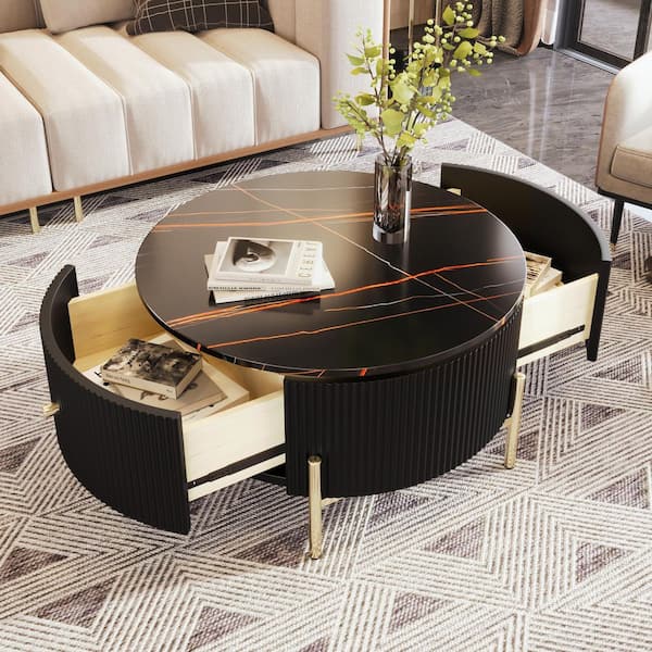 31.5 in. Black Round MDF Top Coffee Table with 2 Large Drawers