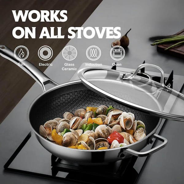 Hybrid 13 inch Wok with Lid Stainless Steel Nonstick Dishwasher