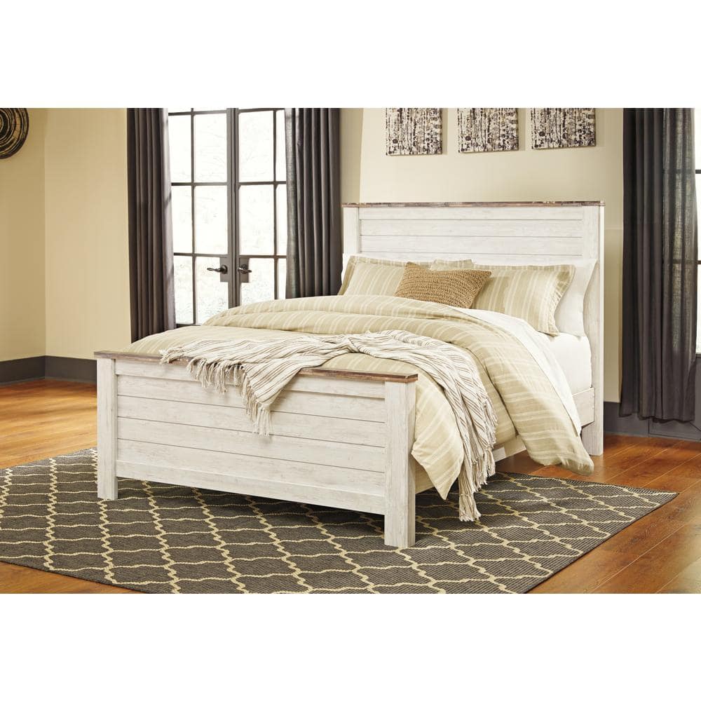 Whitewash Queen Transitional Wood Panel Bed