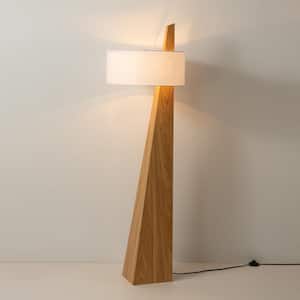 63 in Natural Ash Contemporary 1-Light Smart Dimmable Arc Floor Lamp For Living Room With Clear Glass Linen Drum Shade