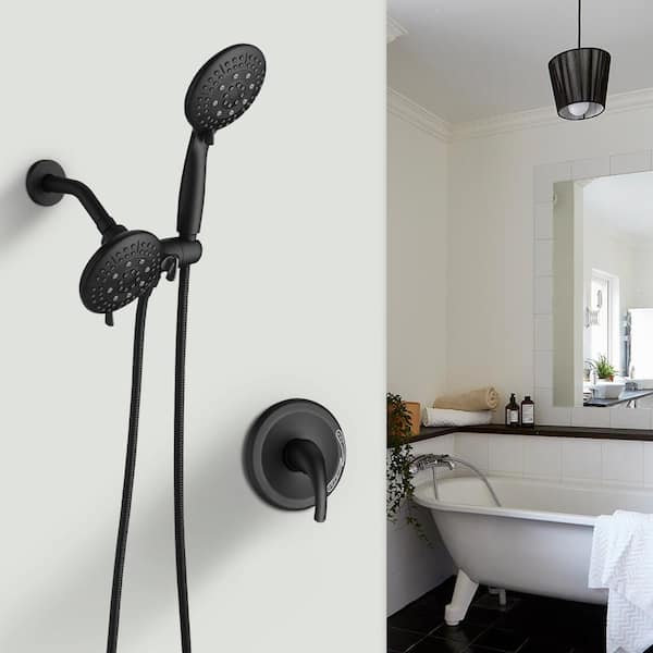 Single-Handle 6-Spray Patterns 5 in. Shower Head Faucet in Wall Mount Dual Shower Head in Matte Black (Valve Included)