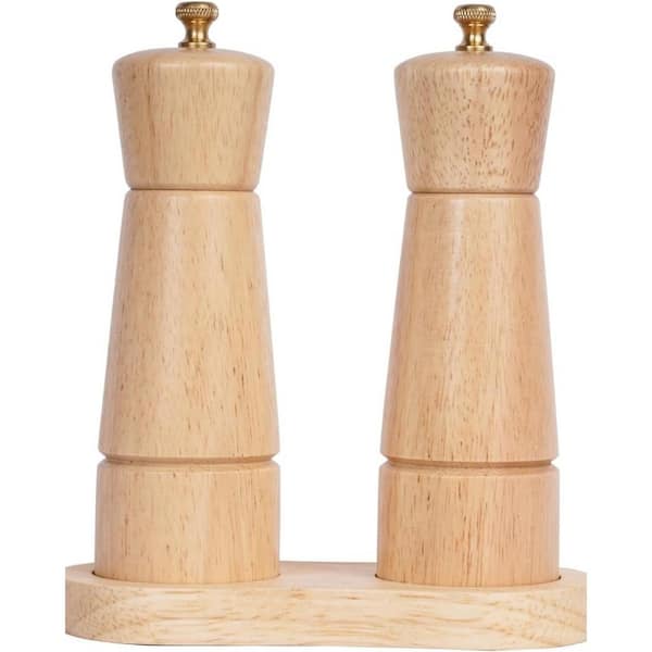 Salt and Pepper Grinder Set with Tray, Adjustable Ceramic Grinder Stainless Steel Pepper Mill, Rubber Wood