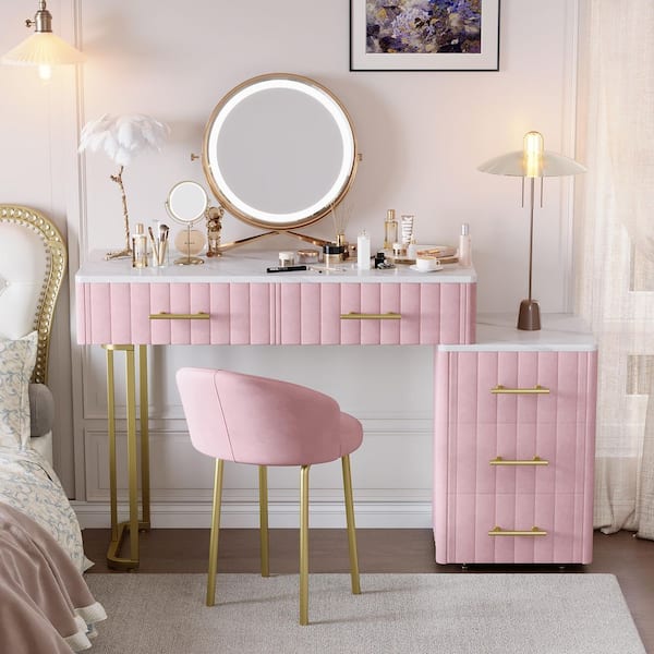 2-Piece Pink Velvet Upholstered Makeup Vanity Set with Chair, 5 Drawers, Marble-Look Sticker Top and Adjustable Storage
