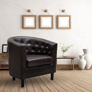 Espresso Faux Leather Arm Chair, Button Tufted Chair, Midcentury Modern Accent Chair Comfy Armchair