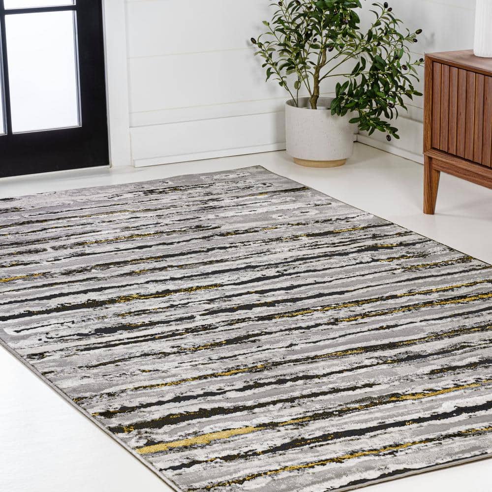 Gray and Black Rectangular Synthetic Stripe Area Rug, 8' x 10'