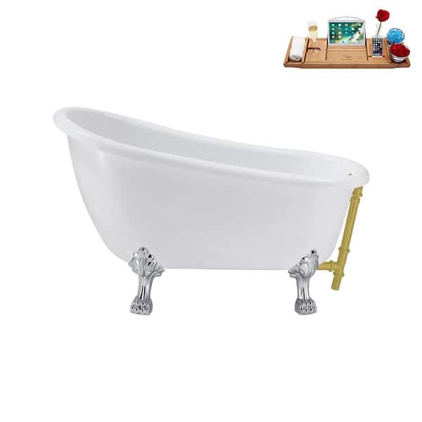 Streamline 53 in. Acrylic Clawfoot Non-Whirlpool Bathtub in Glossy White with Brushed Gold Drain And Polished Chrome Clawfeet