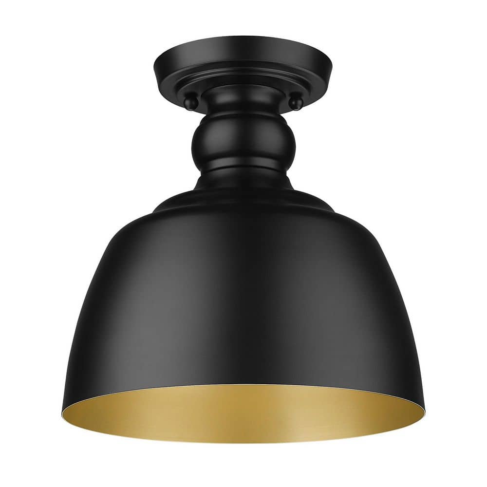 Holmes Damp-Rated 1-Light Steel Flush Mount in Matte Black with Gold Interior