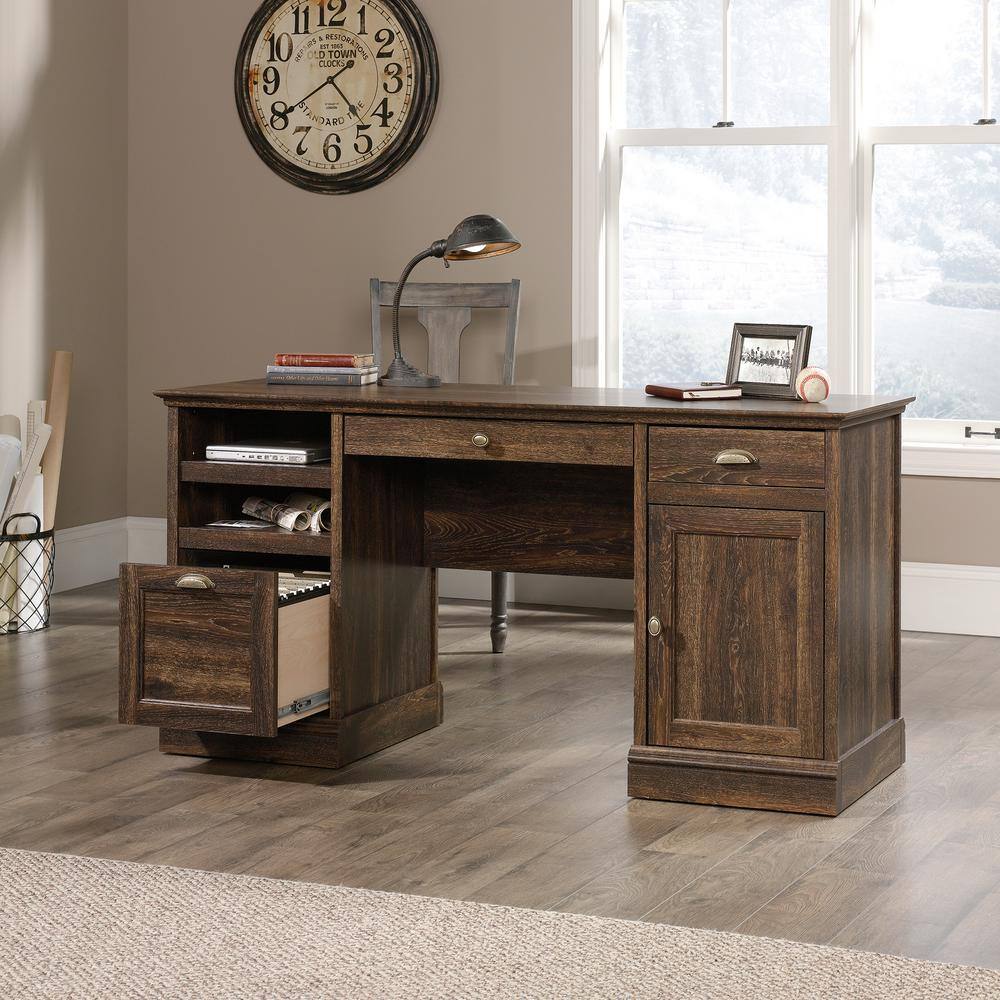 Iron Oak Executive Pedestal Desk with Gold Hardware