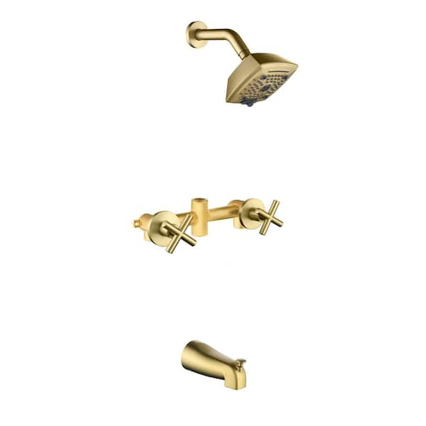 2 Handle 6-Spray Wall Mount Tub and Shower Faucet 1.8 GPM Shower System with Tub Spout, Ceramic Disc Valves Brushed Gold