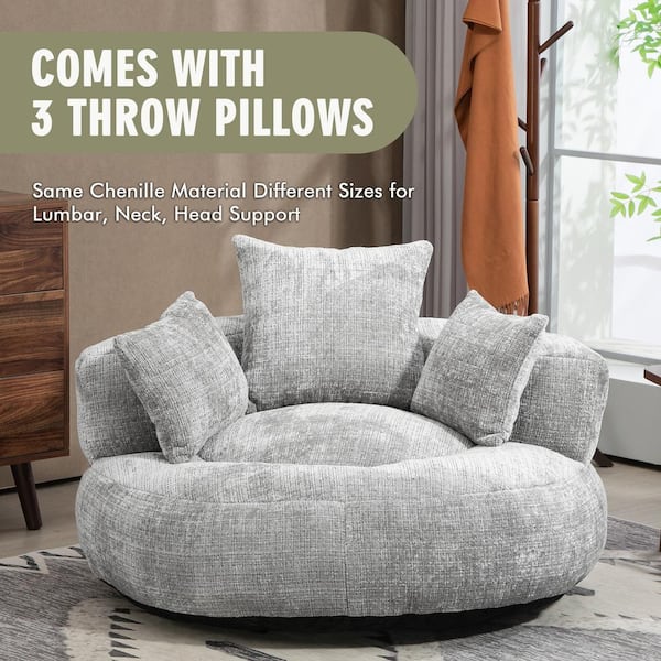 HOMEFUN Modern Comfy Light Grey Chenille Upholstery Bean Bag Round