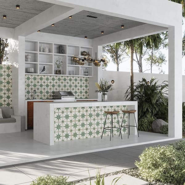 Palmera 9 in. x 9 in. Matte-Layer Tech Green White Porcelain Star Square Tile (6.96 sq ft/case)-13 Pack