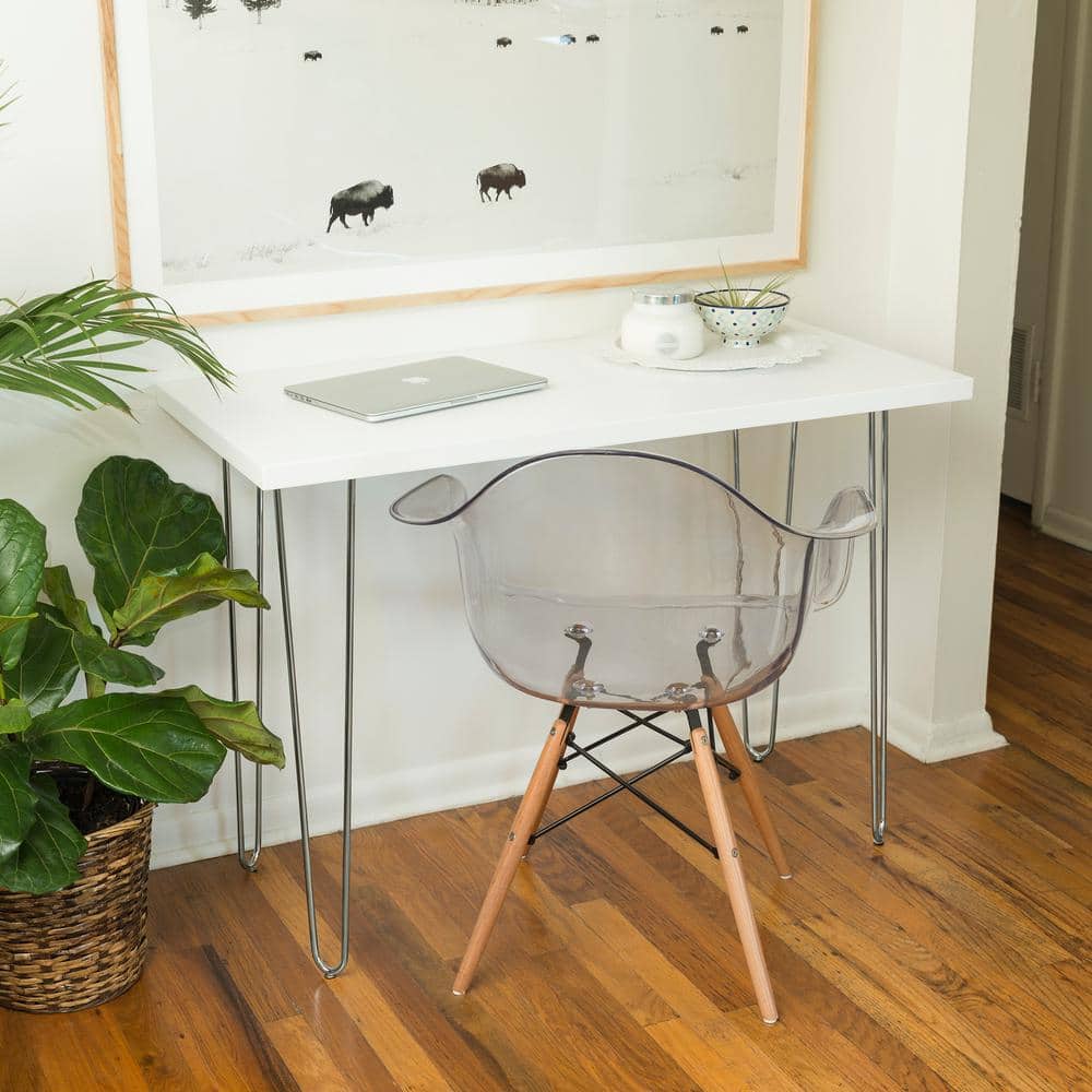 White Wood Writing Desk with Chrome Hairpin Legs, 42 Inch