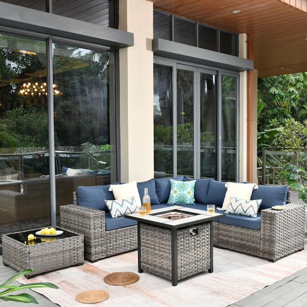 HOOOWOOO Crater Gray 7-Piece Wicker Wide-Plus Arm Outdoor Patio Conversation Sofa Set with a Fire Pit and Denim Blue Cushions