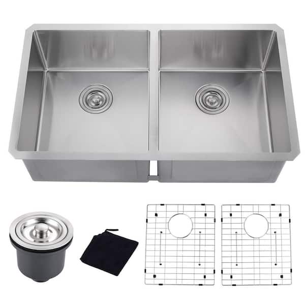 33 in. Drop-In/Undermount 50/50 Split Double Bowl Sink Gauge Stainless Steel Kitchen Sink with Bottom Grids