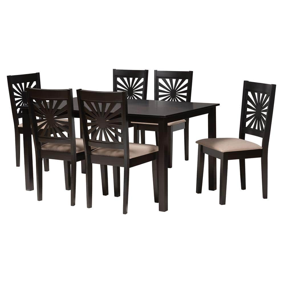 Baxton Studio Olympia 7-Piece Beige And Espresso Brown Wood Dining Set ...