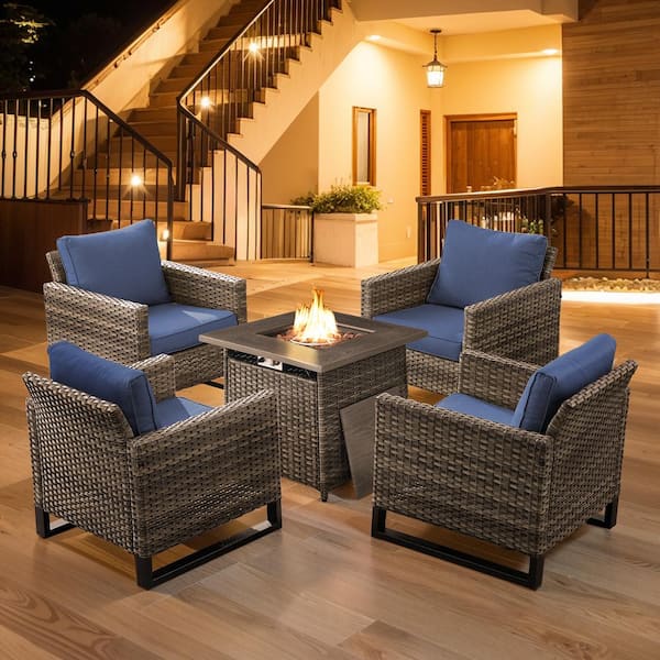 Gymojoy Valenta Gray 5-Piece Outdoor Rattan Deep Seating Set Wicker Patio Conversation Lounge Chair Set with Blue Cushion