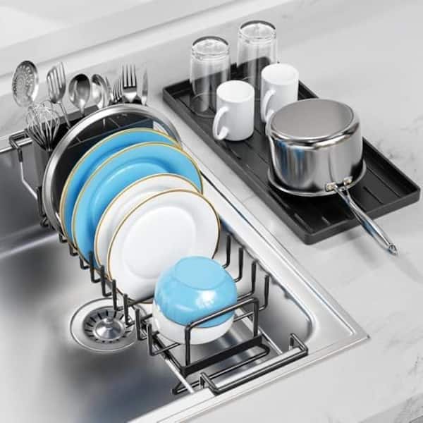 14 in. Extendable Dish Drying Rack with Silicone Mat and Utensil Holder for Kitchen Counter in Black Compact Design