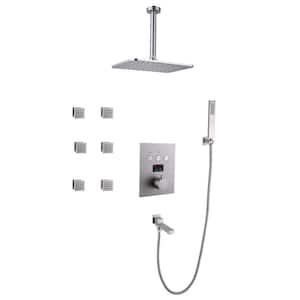LED Thermostatic Single Handle 4-Spray Ceiling Mount Shower Faucet 4 GPM with Body Spray and Tub Spout in Brushed Nickel