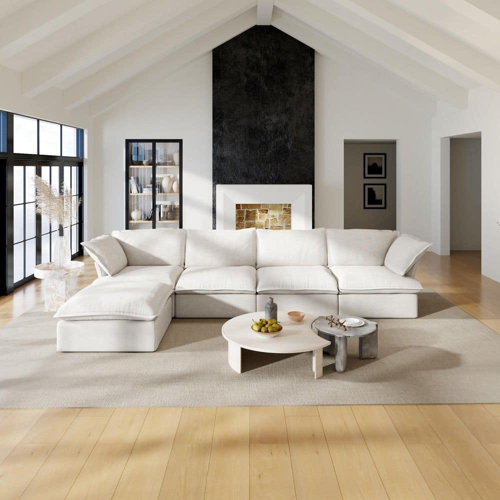 162.9 in. Flared Arm 5-Piece Linen Deep Seat Down Couch Modular Sectional Sofa with Storage Ottoman in White price history on PriceWatchPro