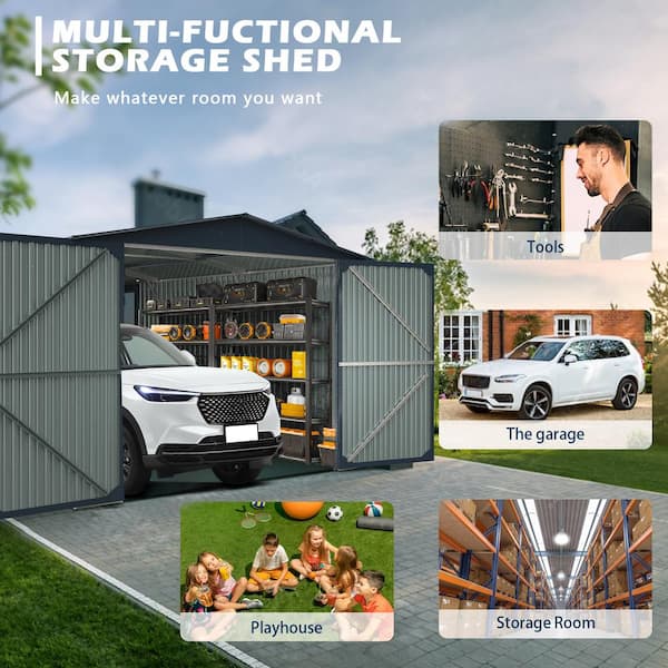 13 ft. x 20 ft. Black Metal Garage Utility Tool House with 2-Doors