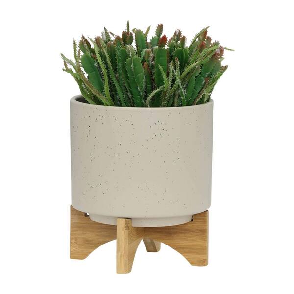 HOTEBIKE 5 in./8 in. Beige Ceramic Planters with Wooden Stand for
