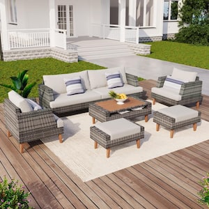 Gray 6-Piece Wicker Patio Conversation Set with White Cushion and Ottoman