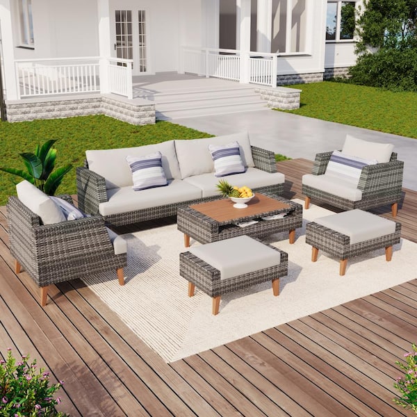 Polibi Gray 6-Piece Wicker Patio Conversation Set with White Cushion and Ottoman