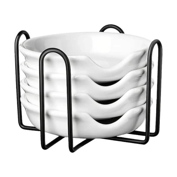 4.8 in. Ceramic Spoon Rest with Metal Holder for Kitchen, Coffee Spoons, Tong, Cooking Utensil Rest, White (4-Pack)