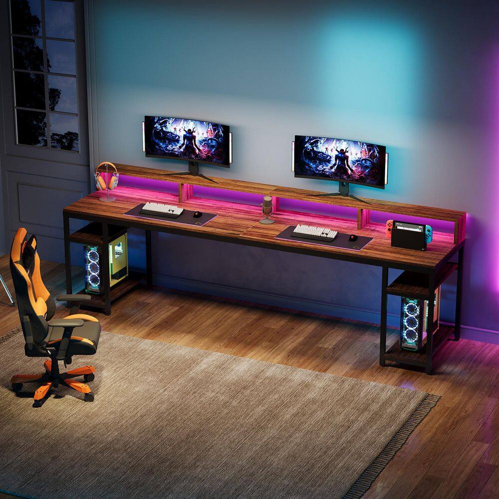 Moronia 78.7 in. Rectangular Brown and Black Engineered Wood 2-Person Computer Desk with Monitor Stand and Shelves