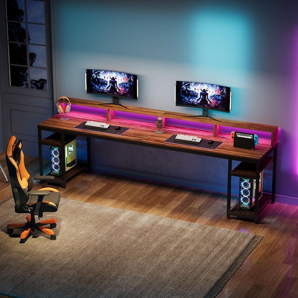 BYBLIGHT Moronia 78.7 in. Rectangular Brown and Black Engineered Wood 2-Person Computer Desk with Monitor Stand and Shelves