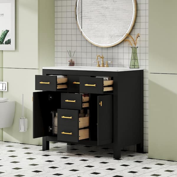 36 in. Single Sink Freestanding Black Bath Vanity with White Ceramic Top and 4 Drawers Storage Door Cabinet Unassembled