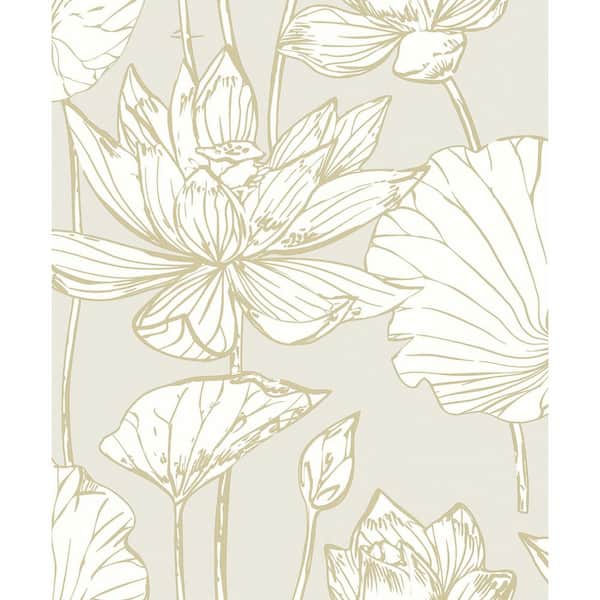 57.5 sq. ft. Neutral and Metallic Gold Viola Floral Unpasted Nonwoven Paper Wallpaper Roll