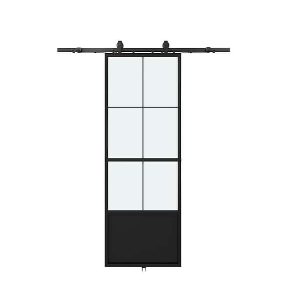 30 in. x 84 in. 3 Panel 3/4 Lite Clear Glass Black Finished Glass Sliding Barn Door with Hardware Kit