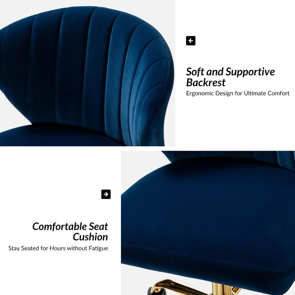 Ergonomic Navy Velvet Armless Task Chair with Gold Metal Base