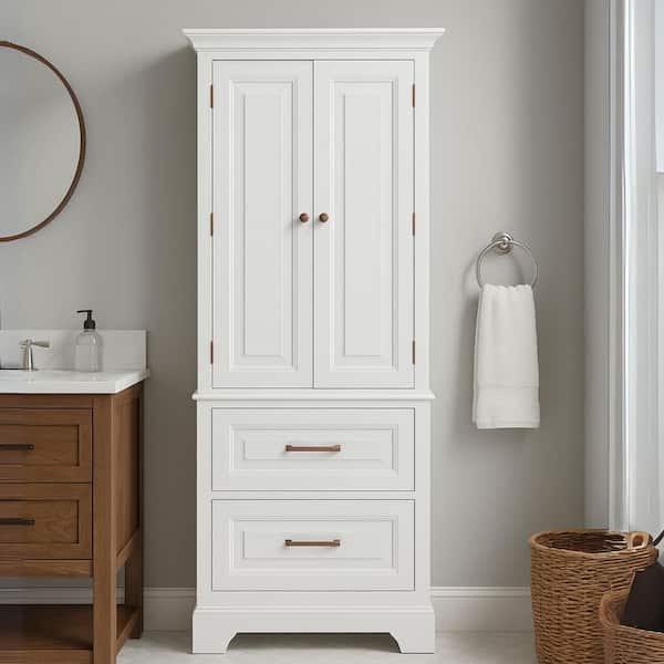 St. James 24 in. W x 16 in. D x 62.25 in. H White Bathroom Storage Linen Cabinet with 2-Door 2-Drawer