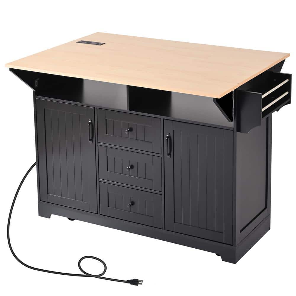 Black Wood 55.7 in. Kitchen Island on 5-Wheels with 2-Drop Leaf, Spice and Towel Rack and 3-Drawers price history on PriceWatchPro