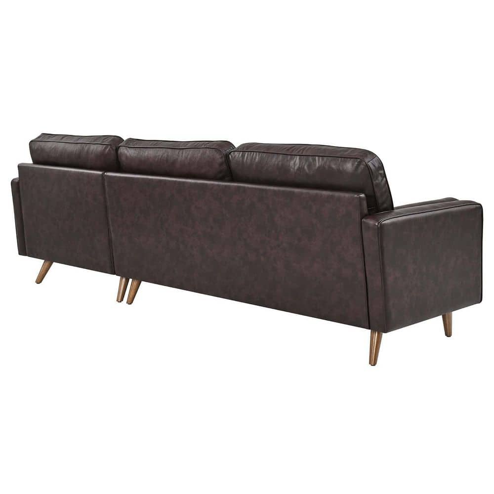 Elegant Tufted Brown Faux Leather 98" Sectional Sofa with Wood Accents