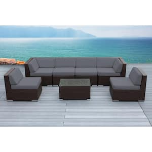 Ohana Dark Brown 7-Piece Wicker Patio Seating Set with Supercyclic Gray Cushions