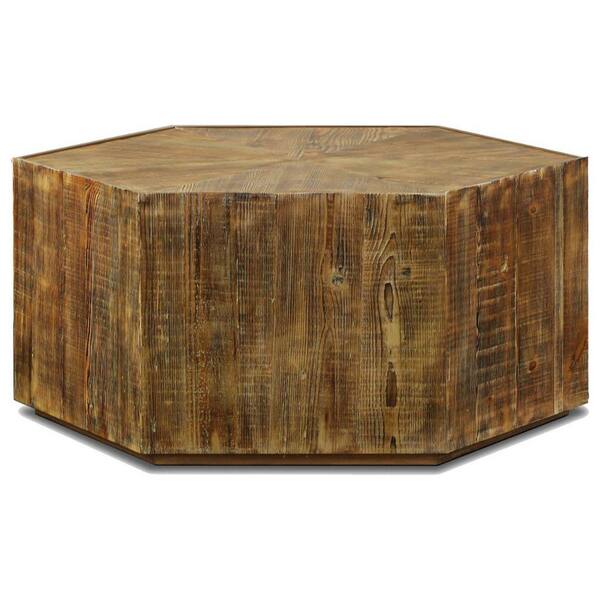 Benjara 22 in. Brown and Brass Hexagonal Wood Coffee Table with Plinth Base