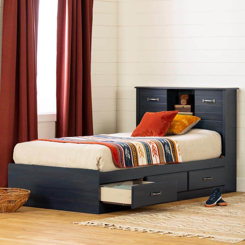 Twin Blueberry Oak Platform Bed with Storage and Headboard